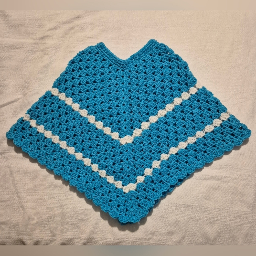 Handcrafted poncho girls light blue small/medium with white stripes NEW